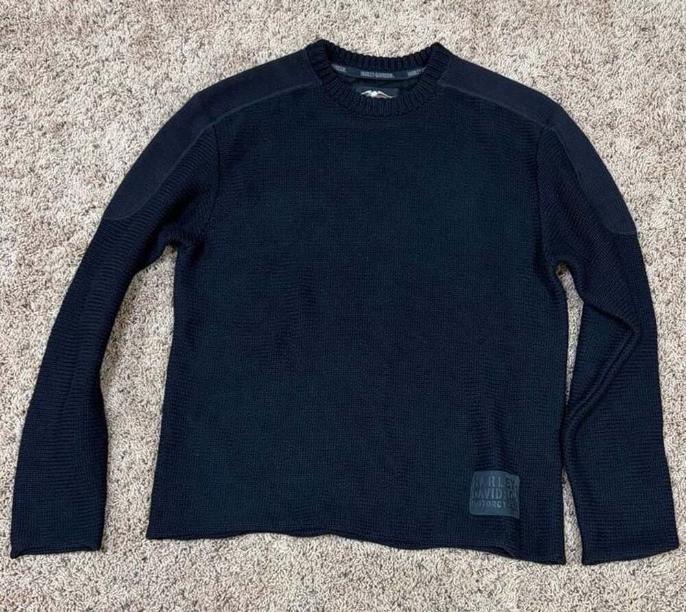 Harley-Davidson Men's Black Ribbed Wool Crewneck Sweater with Shoulder Patches a